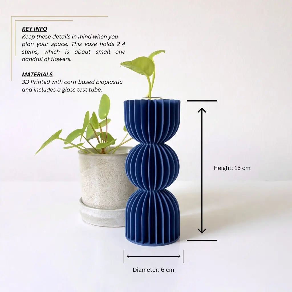 Dimensions of Bauhaus minimalist flower bud vase with glass tube, modern Japandi ribbed home decor by Sonnihaus