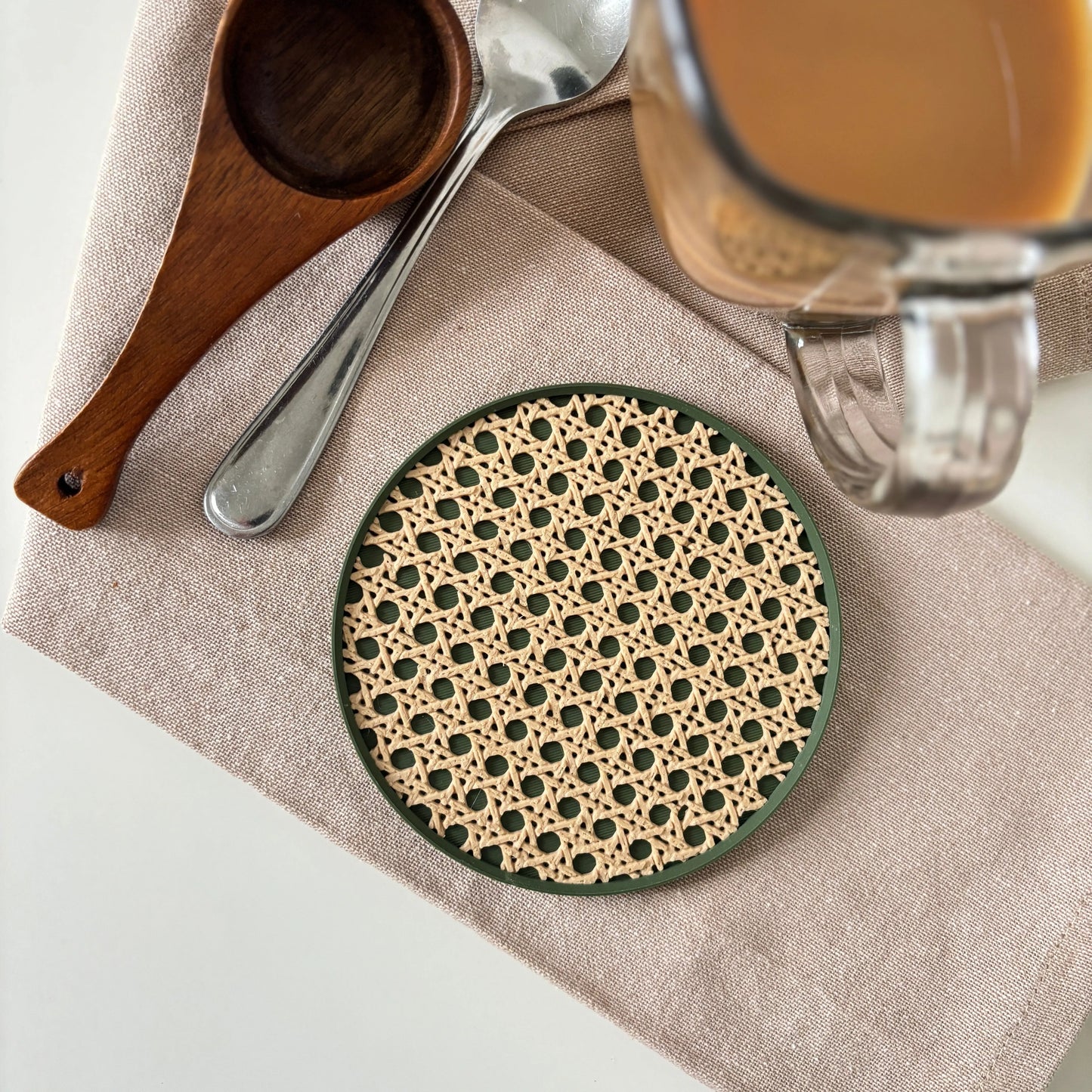 Set of 4 Green & beige COZI rattan coasters with cork backing and holder, modern minimalist home decor by Sonnihaus