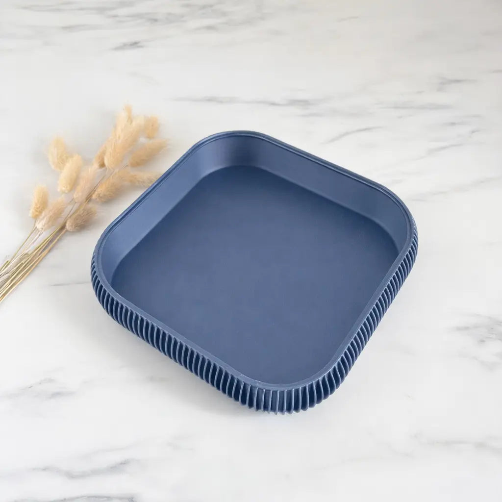 Large Curv stackable catchall jewelry dish tray in Navy Blue, Japandi ribbed fluted organization home decor by Sonnihaus