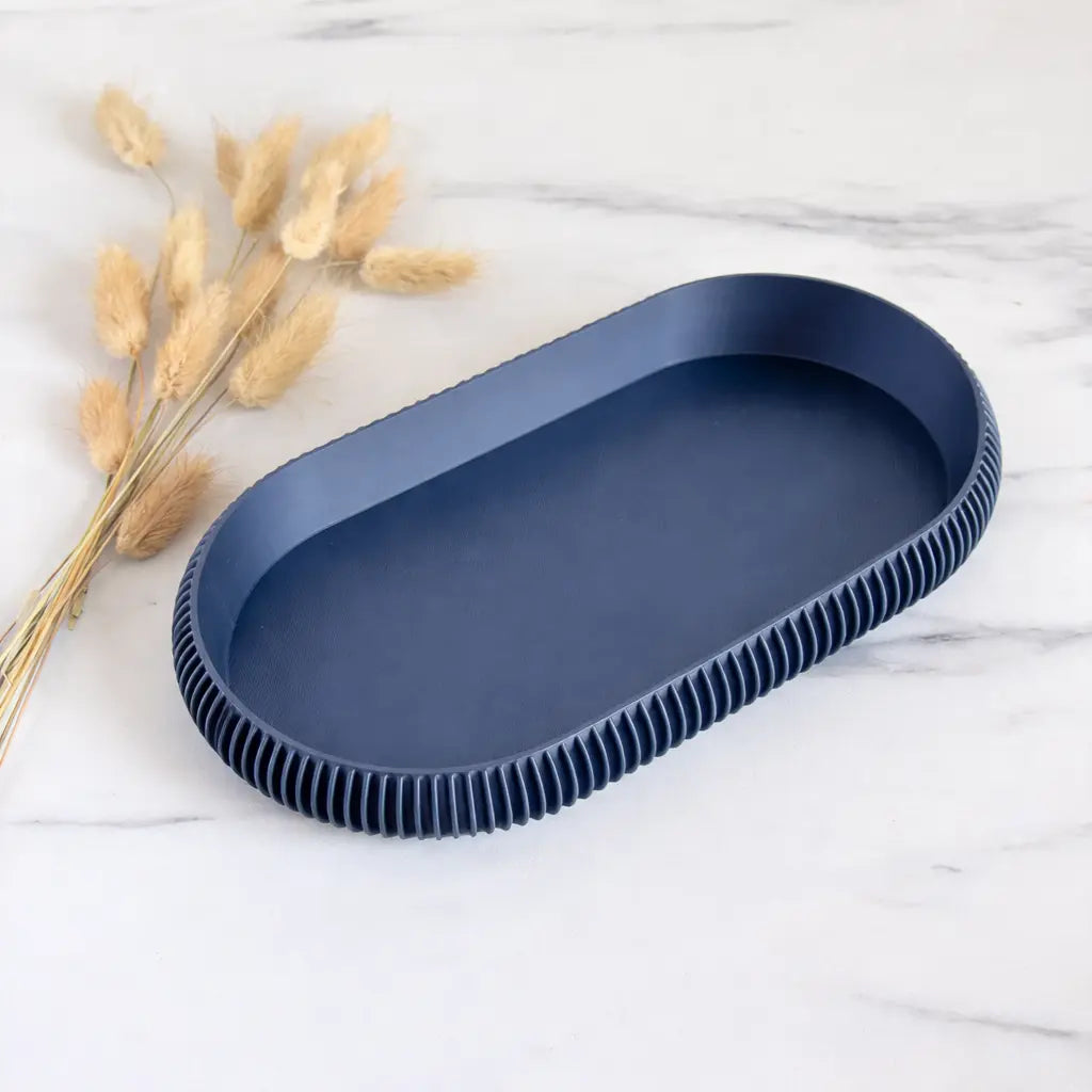 Medium Curv stackable catchall jewelry dish tray in Navy Blue, Japandi ribbed fluted organization home decor by Sonnihaus
