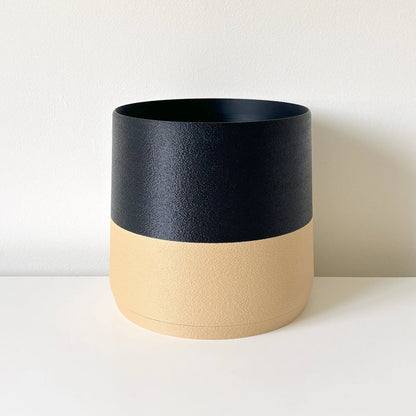 Modern Black Kyoto Planter with warm beige bottom, 6" large, 8" XL sizes with integrated tray & drainage by Sonnihaus