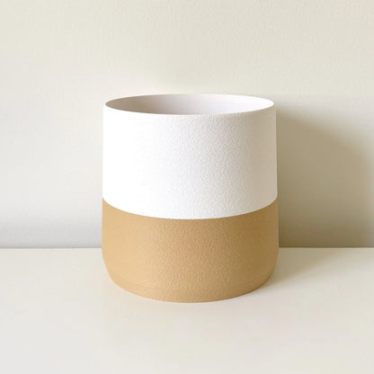 Modern White Kyoto Planter with warm beige bottom, 6" large, 8" XL sizes with integrated tray & drainage by Sonnihaus