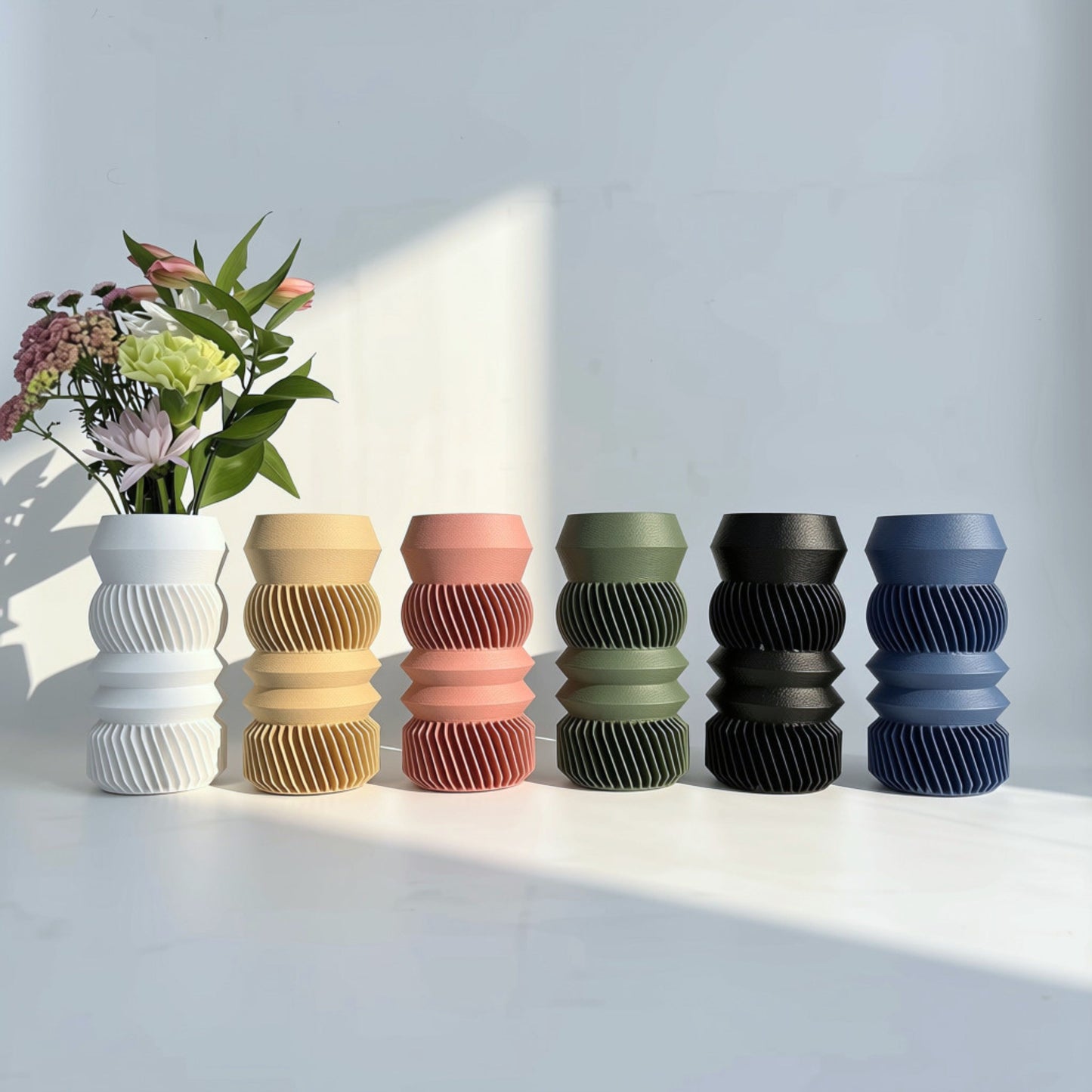 Assorted 4-tier MODU Mono Vessels in White, Black, Terra Cotta, Matcha, Hazelnut & Navy Blue, modern decor by Sonnihaus