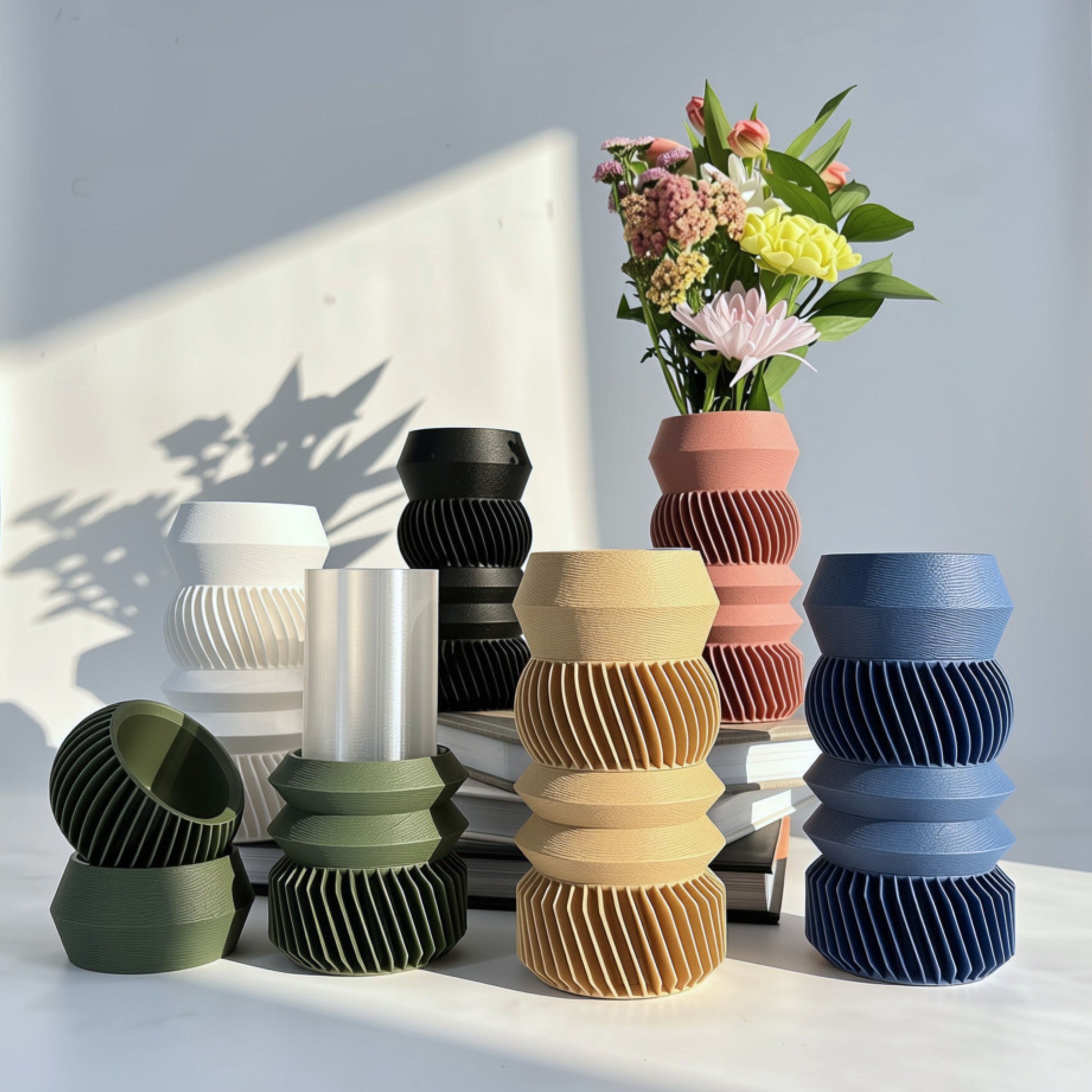 Assorted 4-tier MODU Mono Vessels in White, Black, Terra Cotta, Matcha, Hazelnut & Navy Blue, modern decor by Sonnihaus