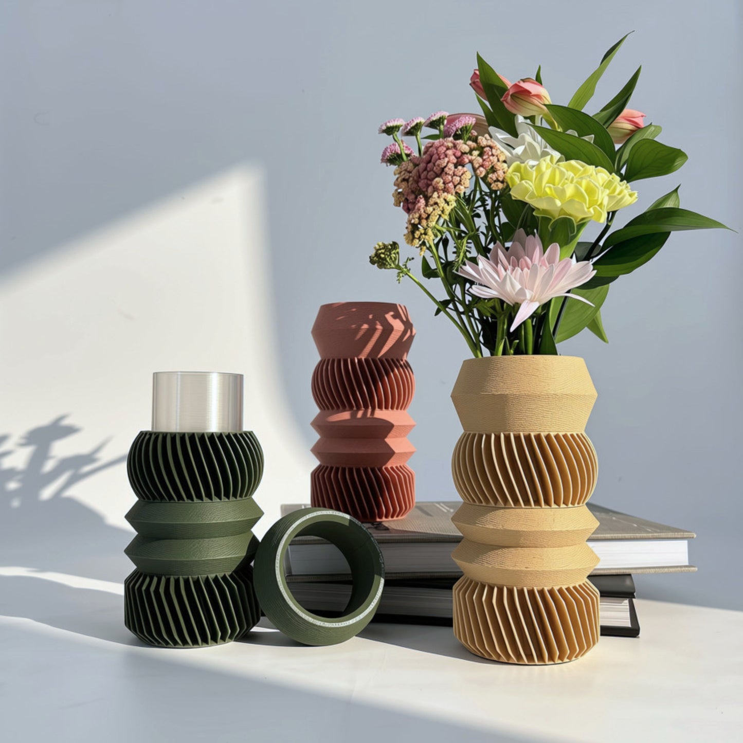 4-tier MODU Mono Vessels in an assortment of signature colors, modern minimalist 3D printed modular vases by Sonnihaus