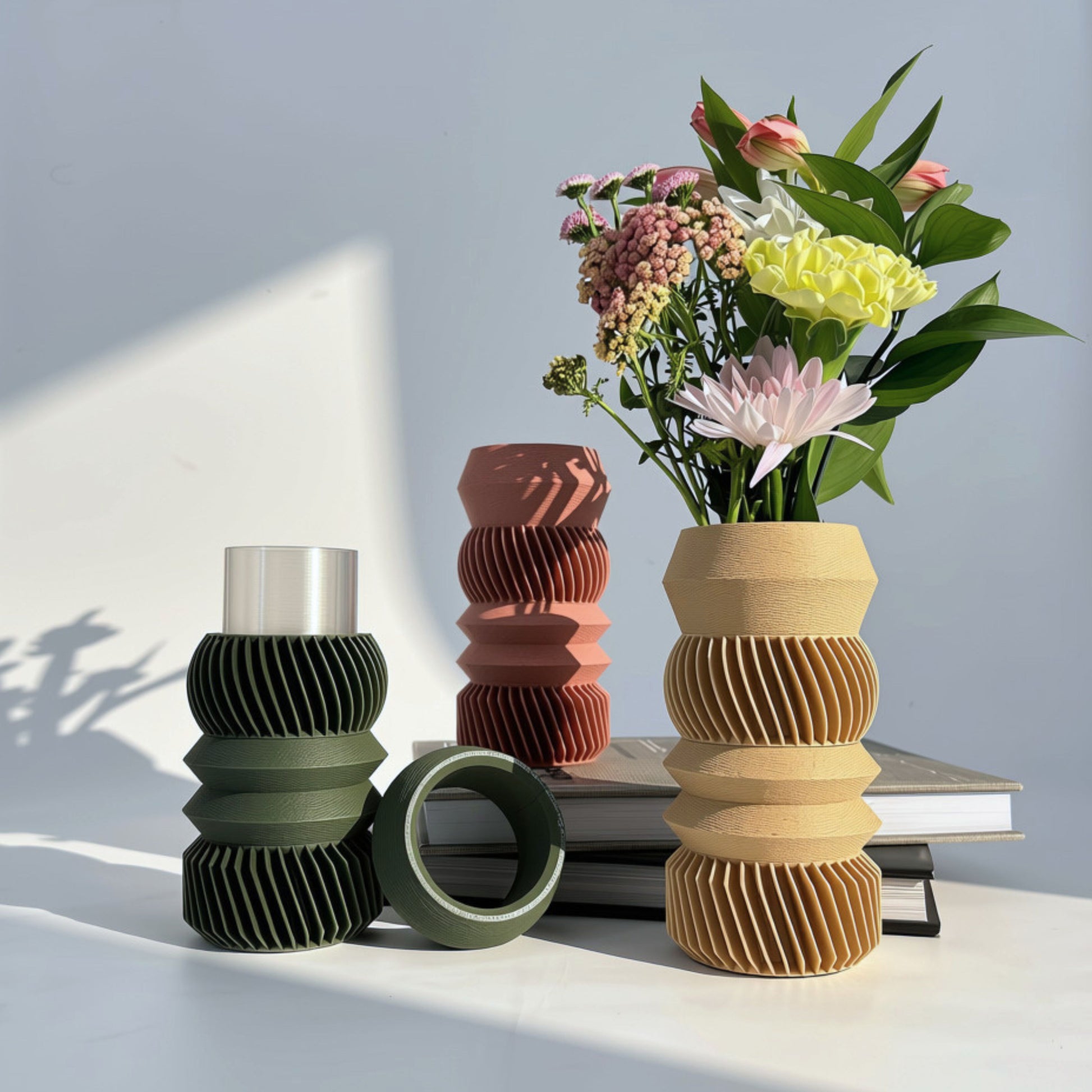 4-tier MODU Mono Vessels in an assortment of signature colors, modern minimalist 3D printed modular vases by Sonnihaus