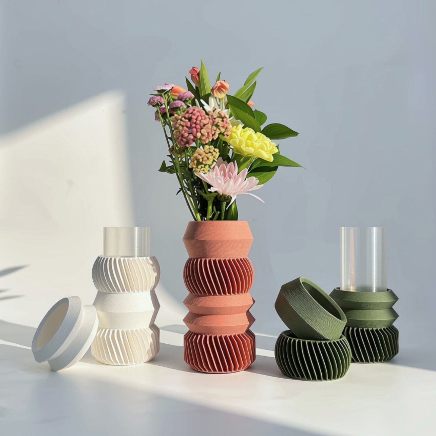 4-tier MODU Mono Vessels in an assortment of signature colors, modern minimalist 3D printed modular vases by Sonnihaus