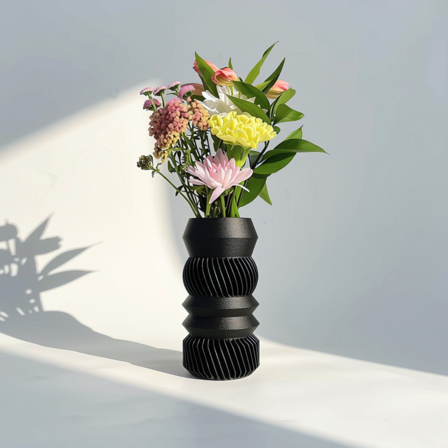 MODU Mono Vessel with 4 tier shapes in solid Black, modern minimalist 3D printed modular vase by Sonnihaus