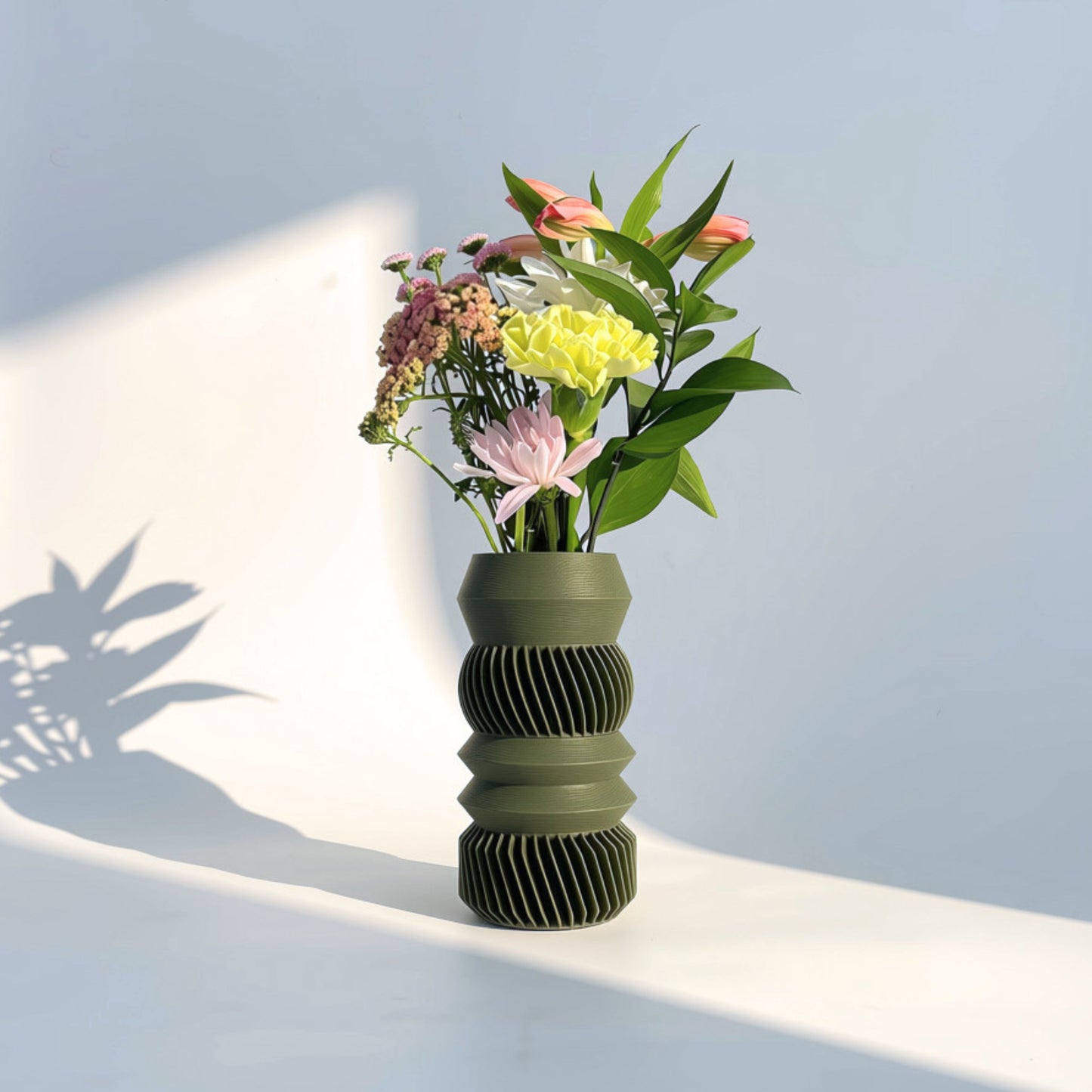 MODU Mono Vessel with 4 tier shapes in solid Matcha Green, modern 3D printed modular vase by Sonnihaus