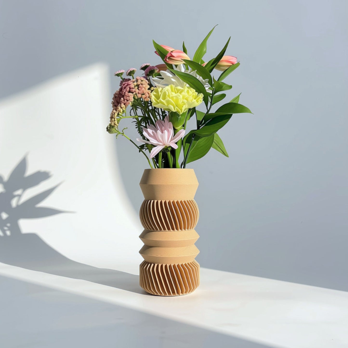MODU Mono Vessel with 4 tier shapes in solid Beige Hazelnut, modern 3D printed modular vase by Sonnihaus