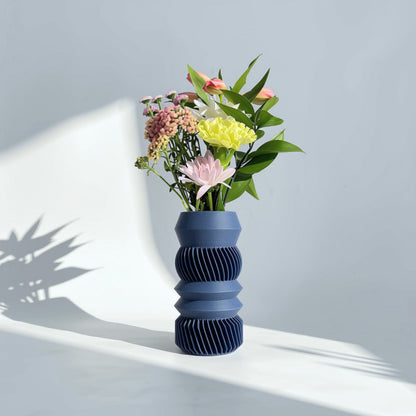 MODU Mono Vessel with 4 tier shapes in solid Navy Blue, modern minimalist 3D printed modular vase by Sonnihaus