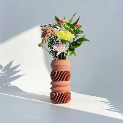 MODU Mono Vessel with 4 tier shapes in solid Terra Cotta, modern minimalist 3D printed modular vase by Sonnihaus