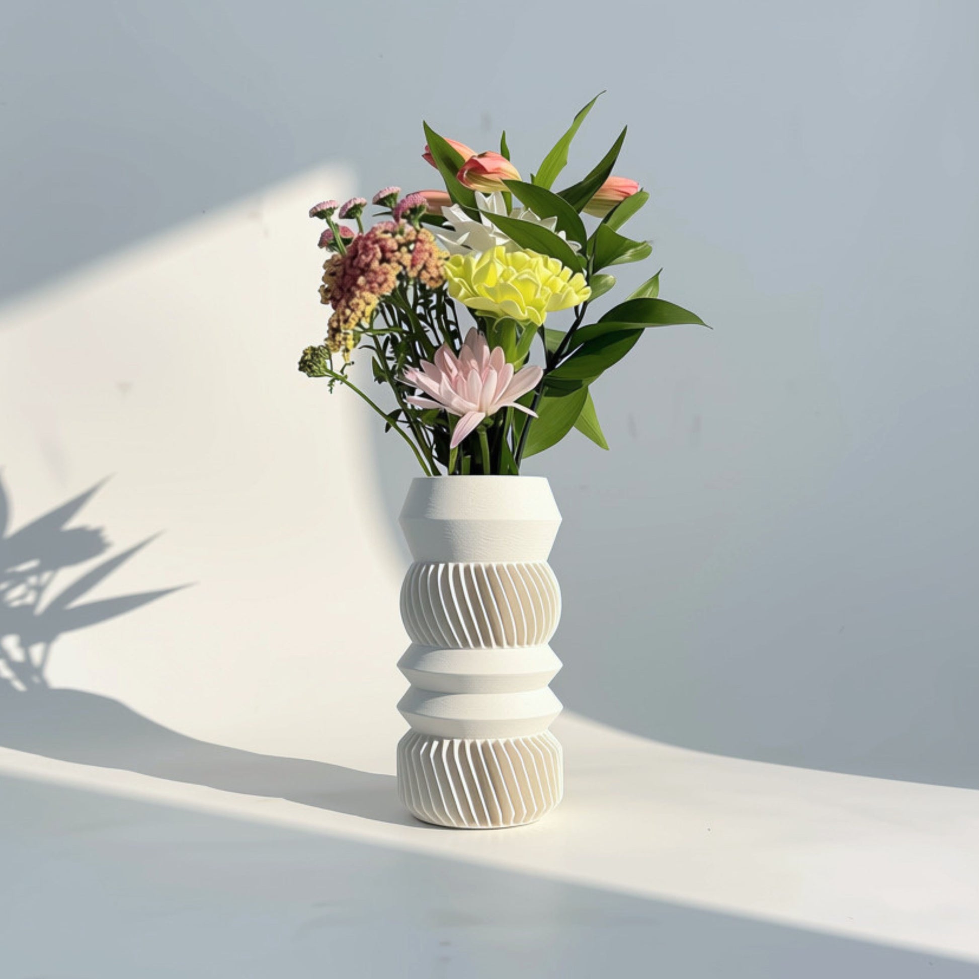 MODU Mono Vessel with 4 tier shapes in solid White, modern minimalist 3D printed modular vase by Sonnihaus