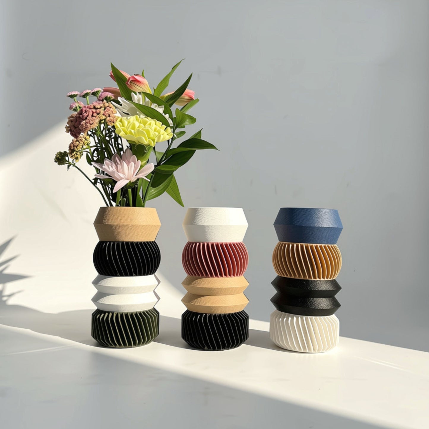 MODU Multi Vessels Styles A, B & C in multi-colored tiered arrangements, modern modular 3D printed decor by Sonnihaus