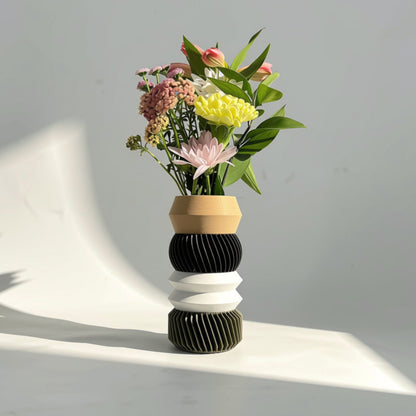 MODU Multi Vessel Style A tiered in Beige Hazelnut, Black, White & Matcha Green, modern 3D printed vase by Sonnihaus