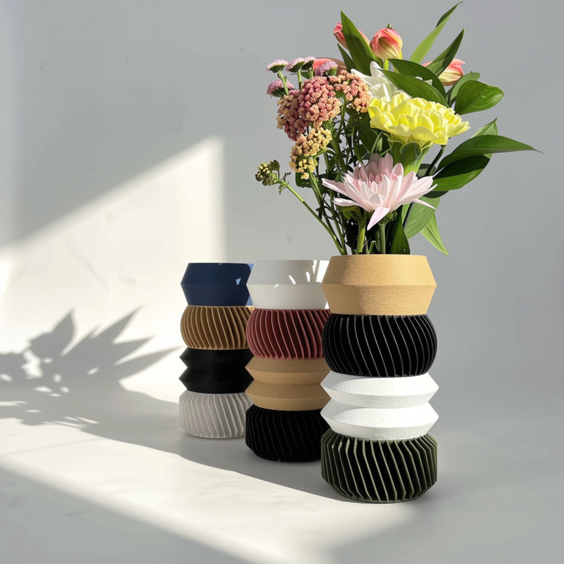 MODU Multi Vessels Styles A, B & C in multi-colored tiered arrangements, modern modular 3D printed decor by Sonnihaus
