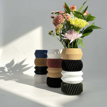 MODU Multi Vessels Styles A, B & C in multi-colored tiered arrangements, modern modular 3D printed decor by Sonnihaus