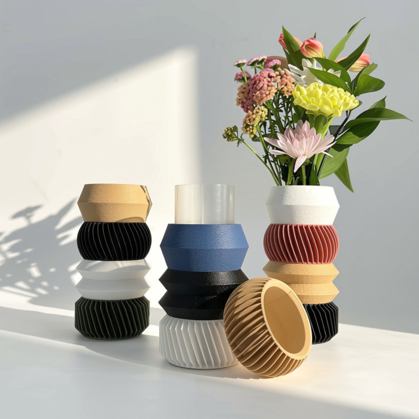 MODU Multi Vessels Styles A, B & C in multi-colored tiered arrangements, modern modular 3D printed decor by Sonnihaus