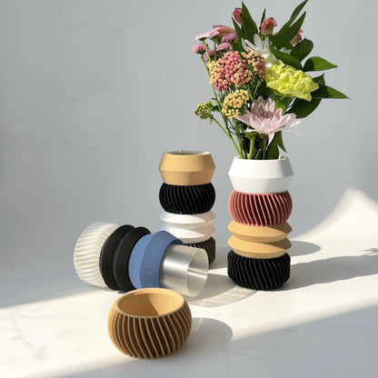 MODU Multi Vessels Styles A, B & C in multi-colored tiered arrangements, modern modular 3D printed decor by Sonnihaus