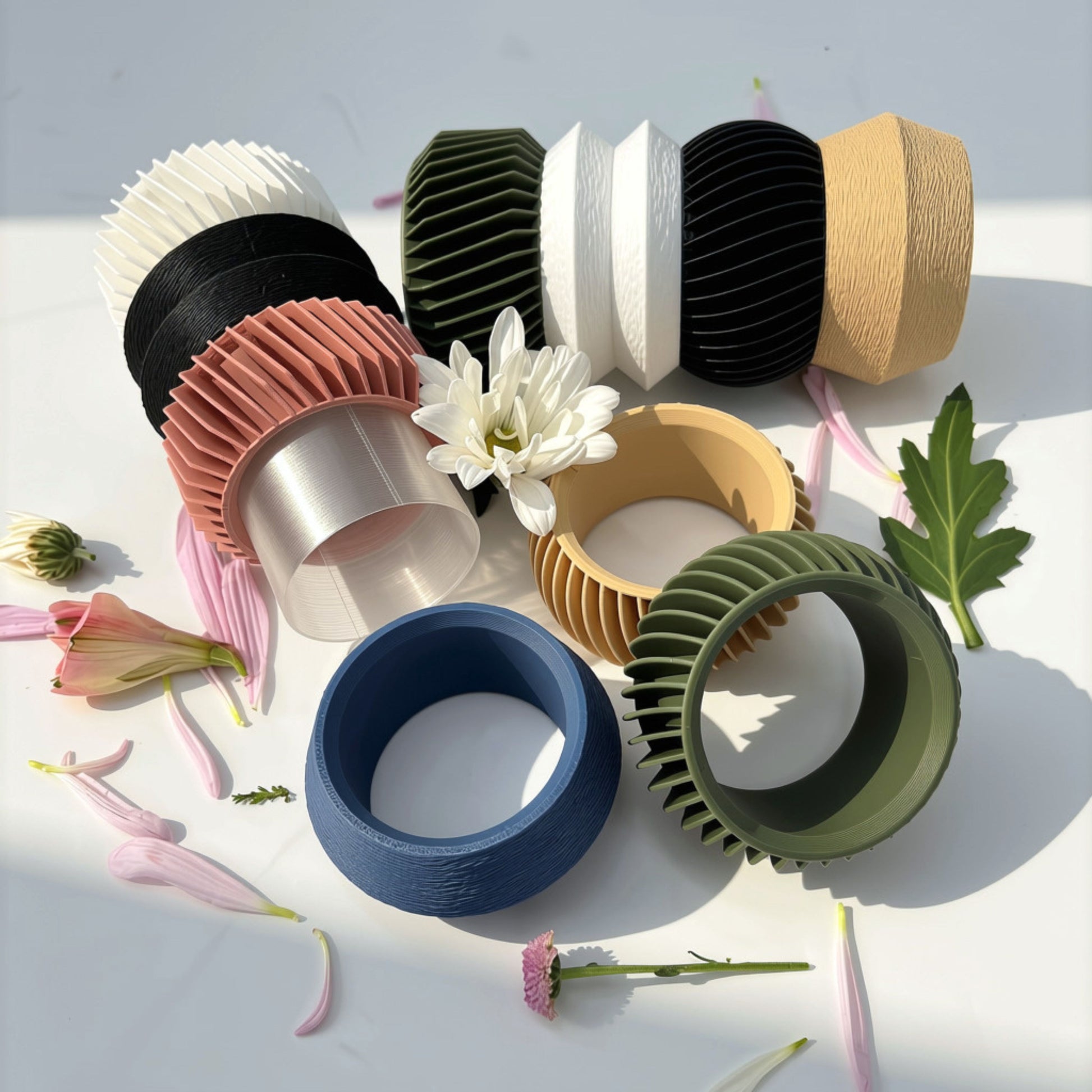 MODU Multi Vessels Styles A, B & C in multi-colored tiered arrangements, modern modular 3D printed decor by Sonnihaus