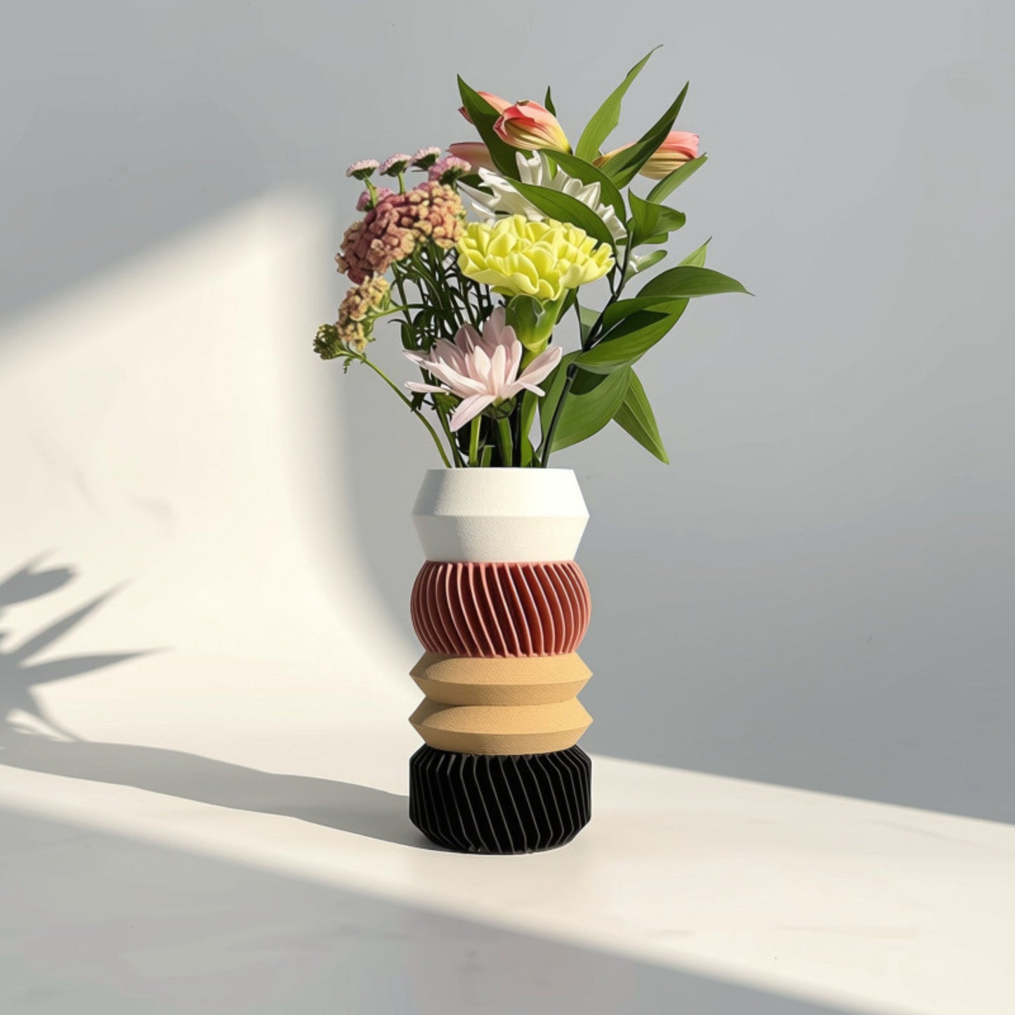 MODU Multi Vessel Style B tiered in White, Terra Cotta, Beige Hazelnut & Black, modern 3D printed vase by Sonnihaus