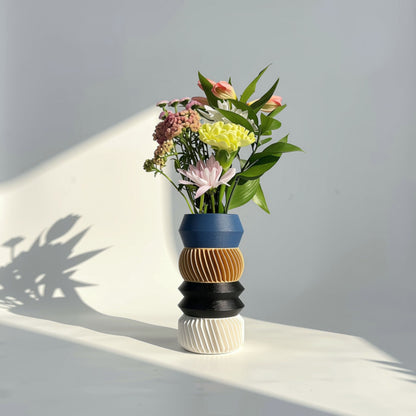 MODU Multi Vessel Style C tiered in Navy Blue, Beige Hazelnut, Black & White, modern 3D printed vase by Sonnihaus