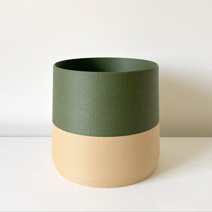 Modern Green Kyoto Planter with warm beige bottom, 6" large, 8" XL sizes with integrated tray & drainage by Sonnihaus
